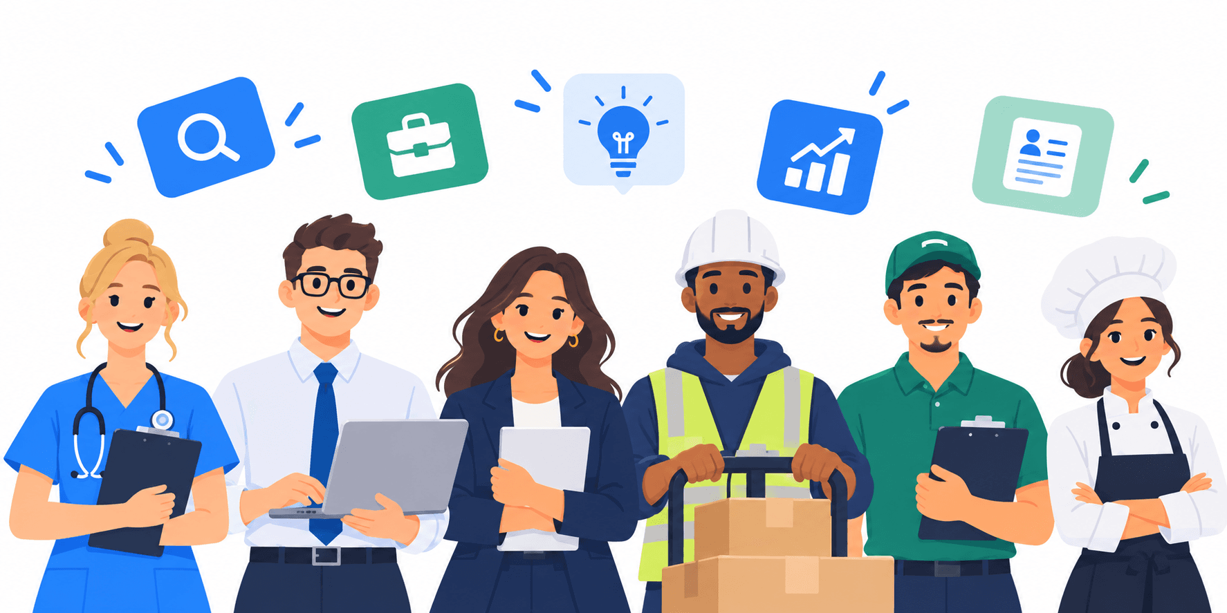 Illustration of workers from different fields - healthcare, office, construction, logistics and food service